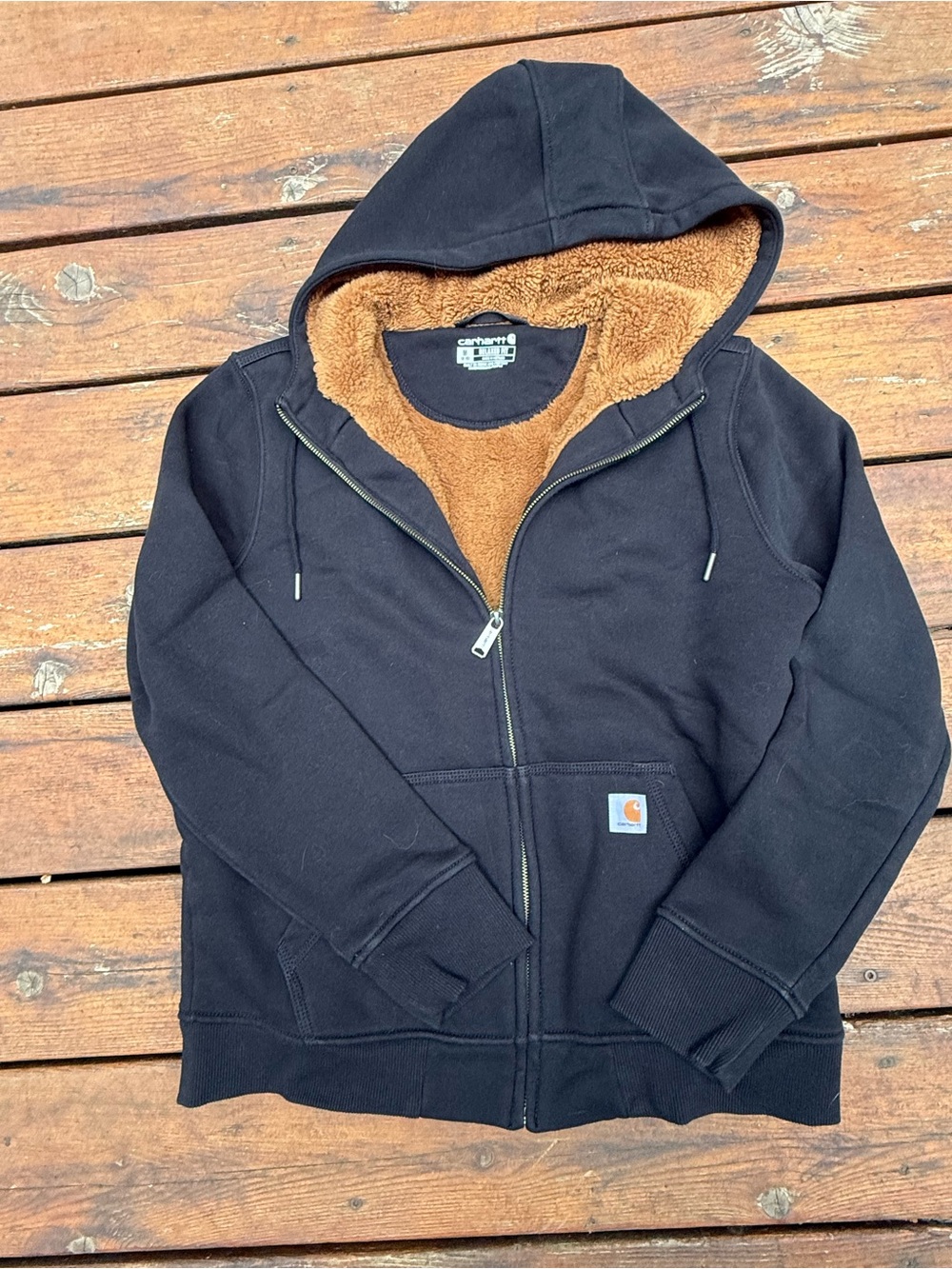 Carhartt Black Zip-Up Hooded Sweatshirt with Brown Sherpa Lining